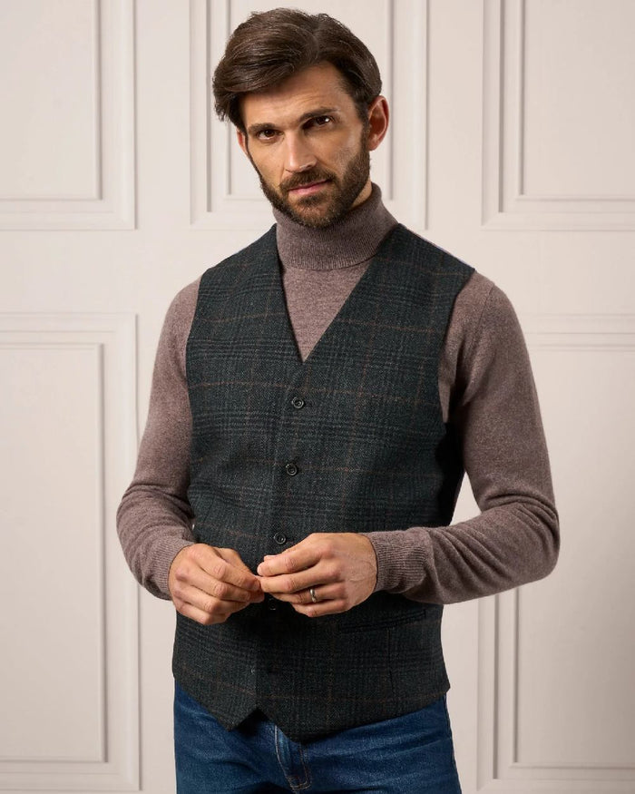 Green Check Coloured Alan Paine Surrey Mens Tweed Lined Waistcoat on wall background #colour_green-check