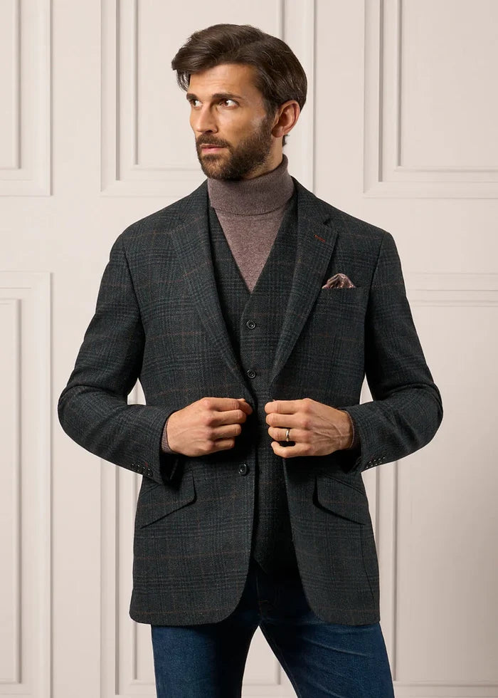 Green Check Coloured Alan Paine Surrey Mens Tweed Lined Waistcoat on wall background #colour_green-check