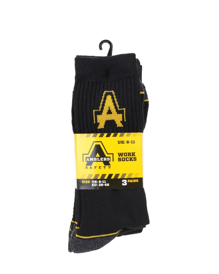 Black Coloured Amblers Safety Amblers Heavy Duty Work Socks 3 pack on a white back ground #colour_black