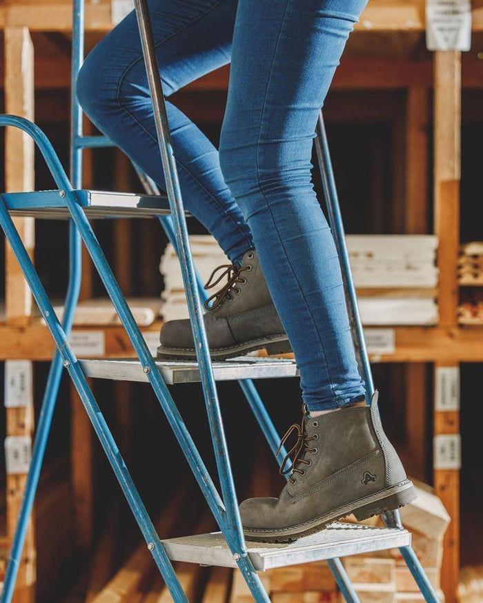 Grey Coloured Amblers Safety AS105 Mimi Safety Boots on work 
station background #colour_grey