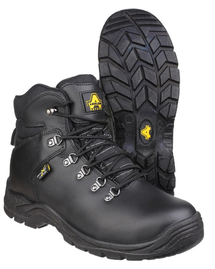 Black Coloured Amblers Safety AS335 Poron XRD Internal Metatarsal Safety Boots on a white background #colour_black