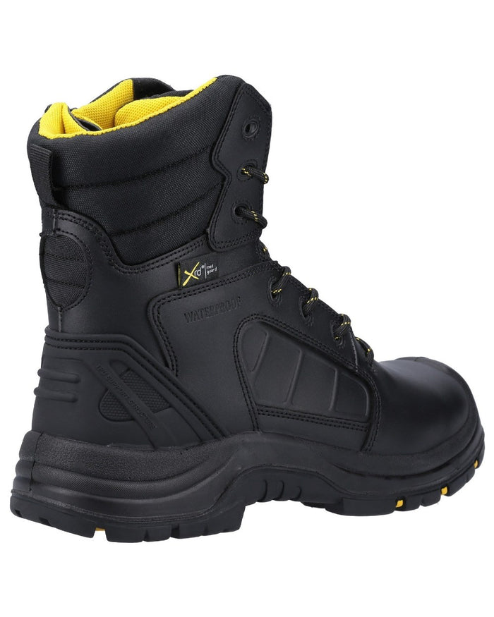 Black Coloured Amblers Safety AS350C Berwyn Hi-Leg Waterproof Safety Boots on a white back ground #colour_black