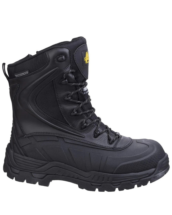 Black Coloured Amblers Safety AS440 Skomer Src Hybrid Hi-Leg Waterproof Safety Boots on a white back ground #colour_black