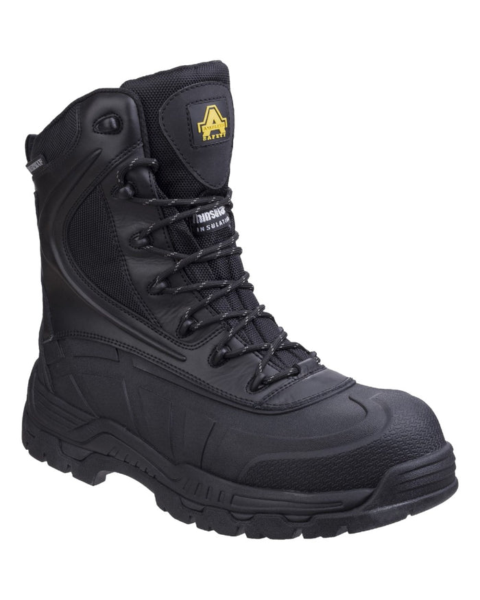 Black Coloured Amblers Safety AS440 Skomer Src Hybrid Hi-Leg Waterproof Safety Boots on a white back ground #colour_black