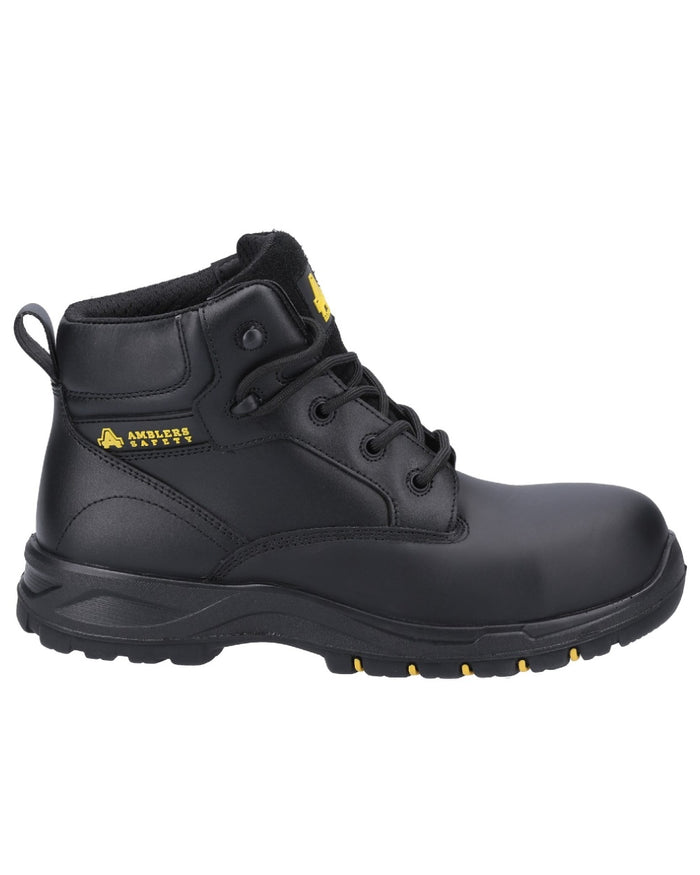Black Coloured Amblers Safety AS605C Safety Boots on a white background #colour_black
