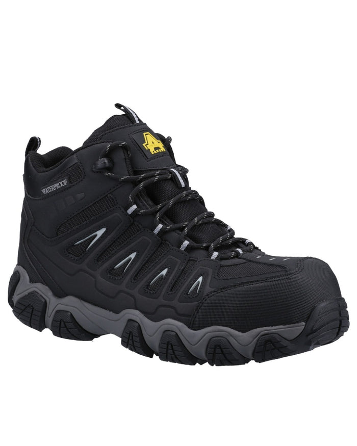 Black coloured Amblers Safety AS801 Rockingham Waterproof Safety Hiker Boots on white background #colour_black