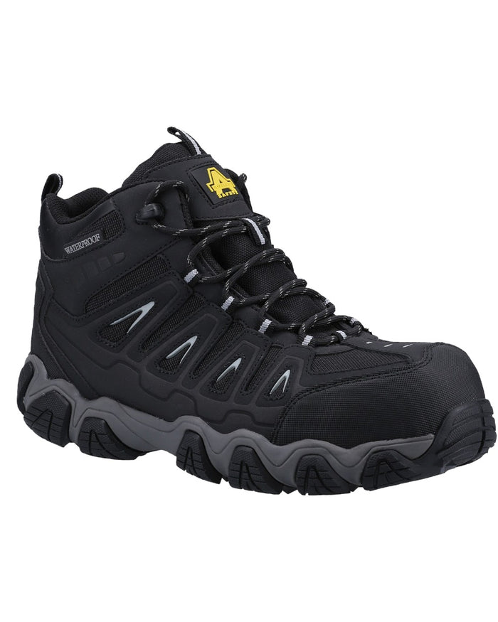 Black coloured Amblers Safety AS801 Rockingham Waterproof Safety Hiker Boots on white background #colour_black