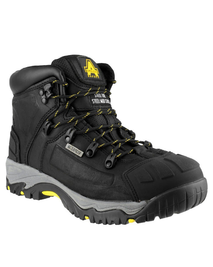 Black Coloured Amblers Safety AS803 Waterproof Wide Fit Safety Boots on a white background #colour_black