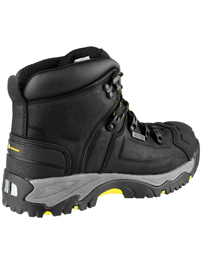 Black Coloured Amblers Safety AS803 Waterproof Wide Fit Safety Boots on a white background #colour_black