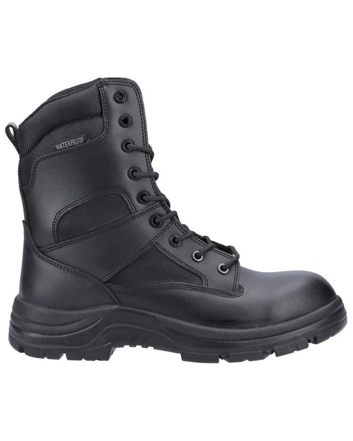Black Coloured Amblers Safety Combat Hi-Leg Waterproof Boots on a white background #colour_black