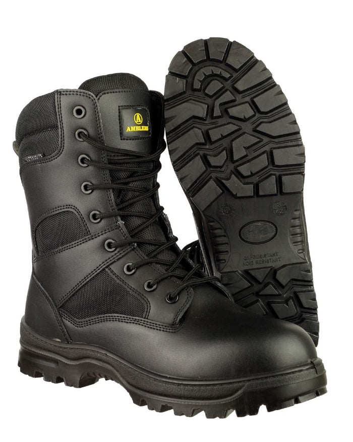 Black Coloured Amblers Safety Combat Hi-Leg Waterproof Boots on a white background #colour_black