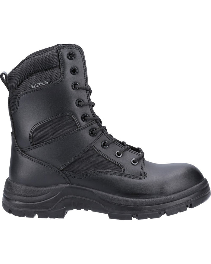 Black Coloured Amblers Safety Combat Hi-Leg Waterproof Boots on a white background #colour_black