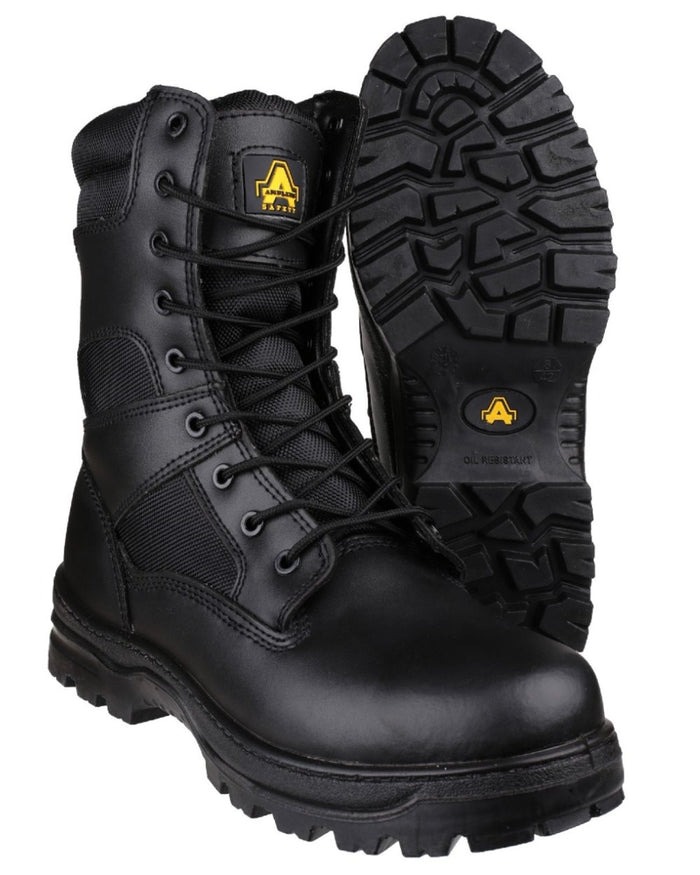 Black Coloured Amblers Safety FS009C Hi-leg Safety Boots on a white background #colour_black