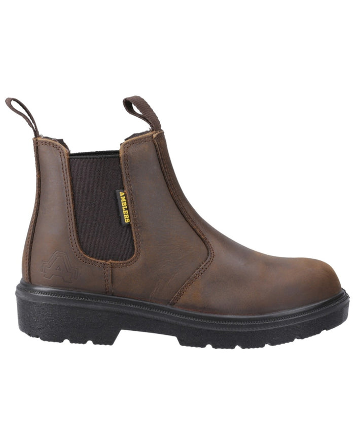 Brown Coloured Amblers Safety FS128 Hardwearing Pull On Safety Dealer Boots on a white back ground #colour_brown