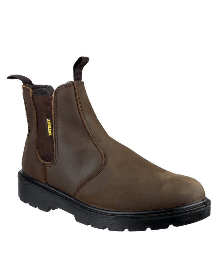 Brown Coloured Amblers Safety FS128 Hardwearing Pull On Safety Dealer Boots on a white back ground #colour_brown