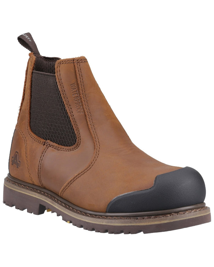 Brown Coloured Amblers Safety FS225 Goodyear Welted Waterproof Pull On Chelsea Safety Boots on a white background #colour_brown