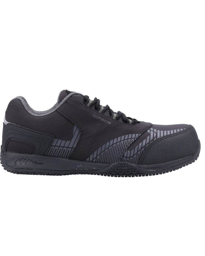 Black Coloured Amblers Safety FS29C Waterproof Metal Free Non Leather Safety Trainer on a white background #colour_black