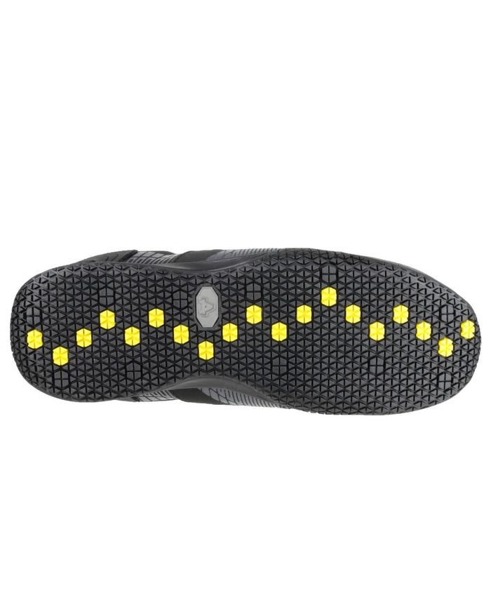 Black Coloured Amblers Safety FS29C Waterproof Metal Free Non Leather Safety Trainer  Sole on a white background #colour_black