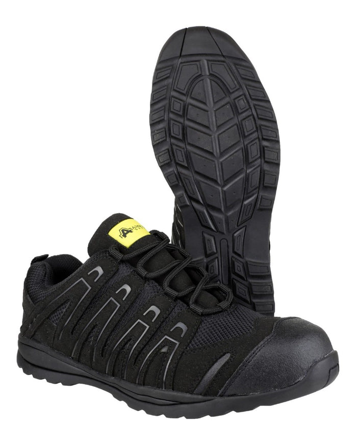 Black Coloured Amblers Safety FS40C Safety Trainers on a white background #colour_black