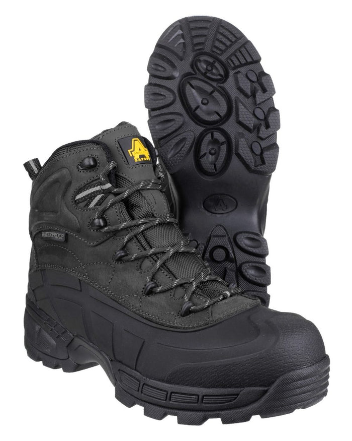 Black Coloured Amblers Safety FS430 Orca Hybrid Waterproof Non-Metal Safety Boots on a white background #colour_black