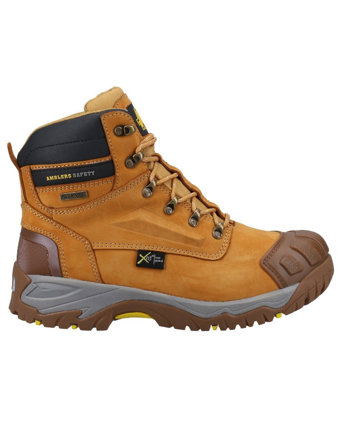 Honey Coloured Amblers Safety FS986 Waterproof Safety Boots on a white background #colour_honey