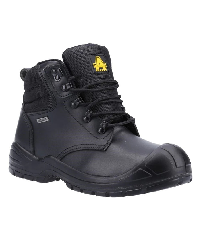 Black coloured Amblers Safety Mens AS241 Waterproof S3 SRC Safety Boots on white background #colour_black