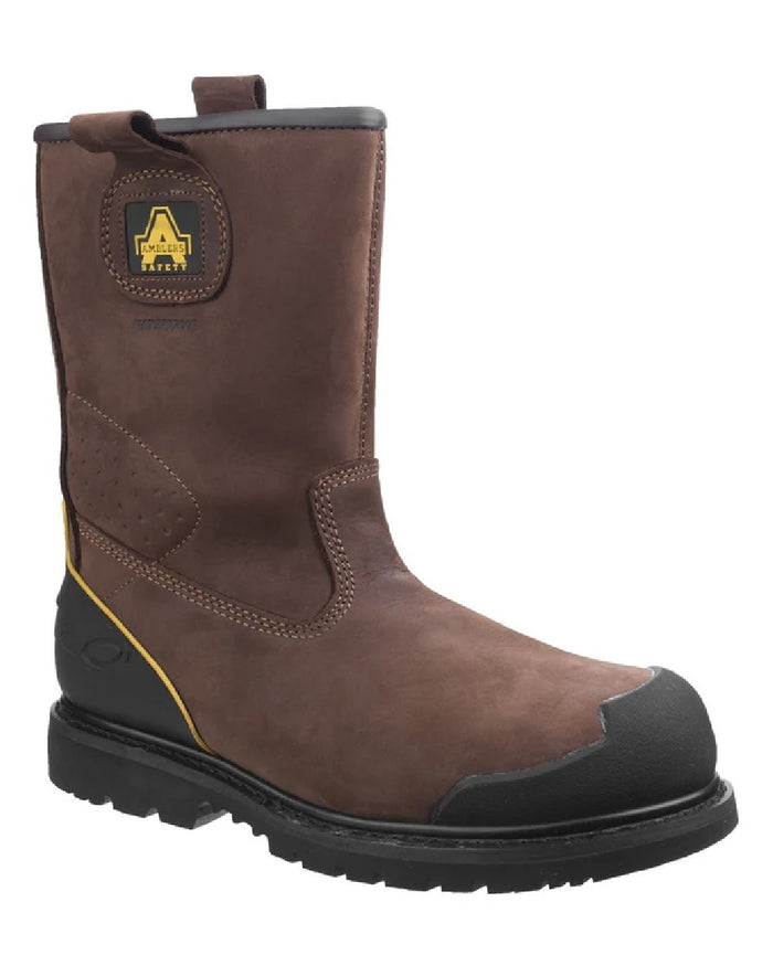 Brown coloured Amblers Safety Mens FS223 Goodyear Welted Waterproof Rigger Boots on white background #colour_brown