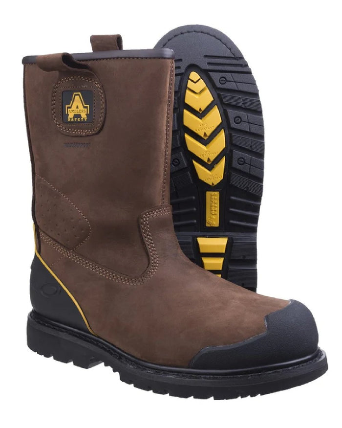 Brown coloured Amblers Safety Mens FS223 Goodyear Welted Waterproof Rigger Boots on white background #colour_brown