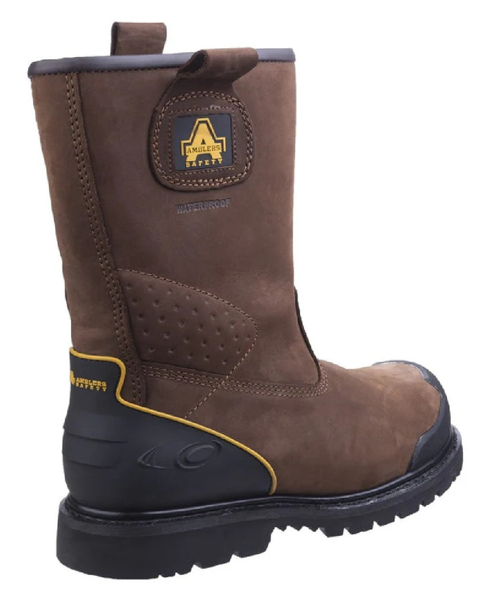 Brown coloured Amblers Safety Mens FS223 Goodyear Welted Waterproof Rigger Boots on white background #colour_brown
