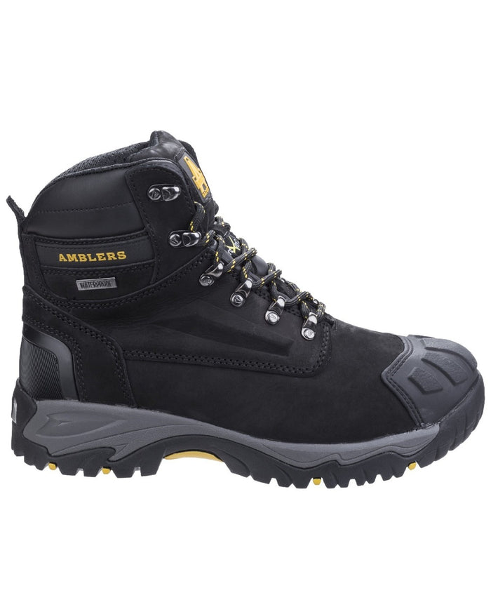 Black Coloured Amblers Safety Mens FS987 Waterproof Safety Boots on a white background #colour_black