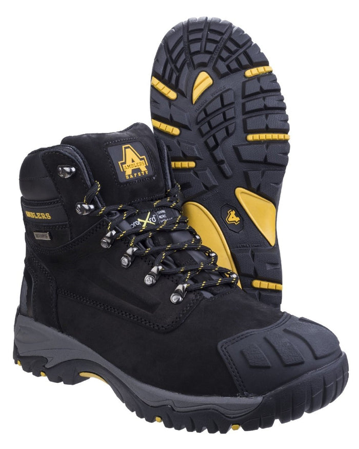 Black Coloured Amblers Safety Mens FS987 Waterproof Safety Boots on a white background #colour_black