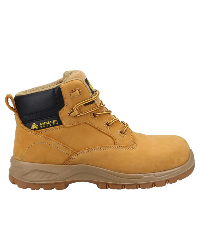 Honey coloured Amblers Safety Womens AS605C Kira Waterproof Safety Boots on white background #colour_honey
