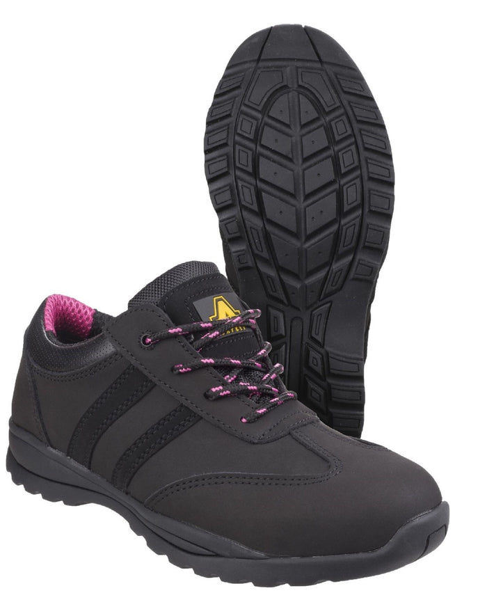 Black Coloured Amblers Safety Womens FS706 Sophie Safety Trainer on a white background #colour_black