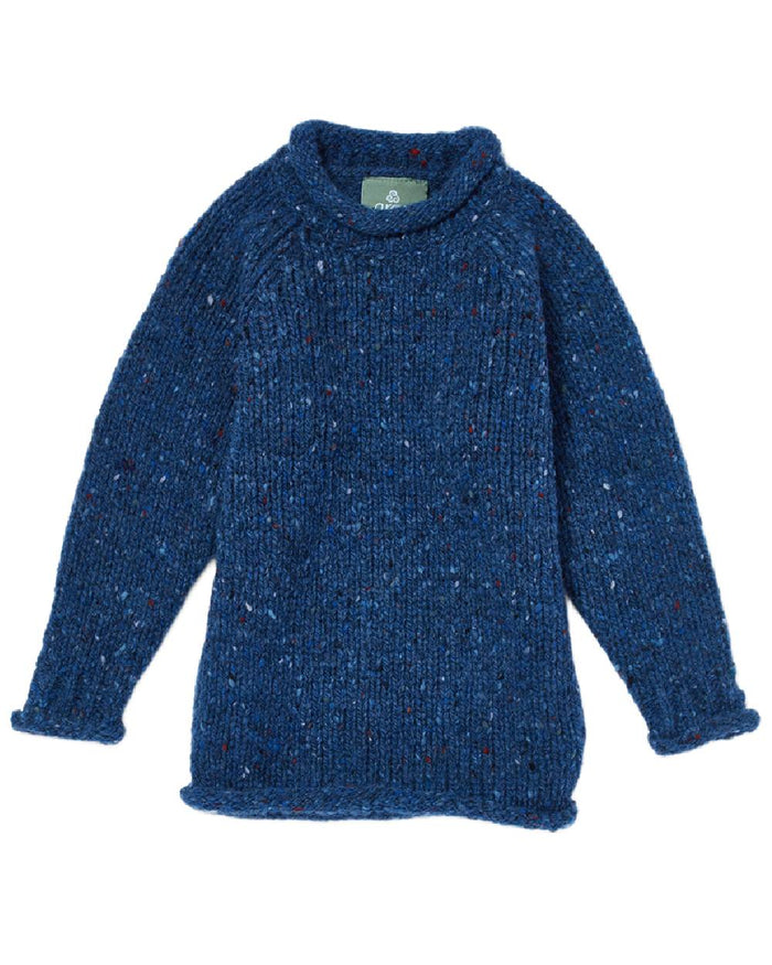 Navy Blue Coloured Aran Childrens Roll Neck Raglan Crew Sweater on white background #colour_navy-blue