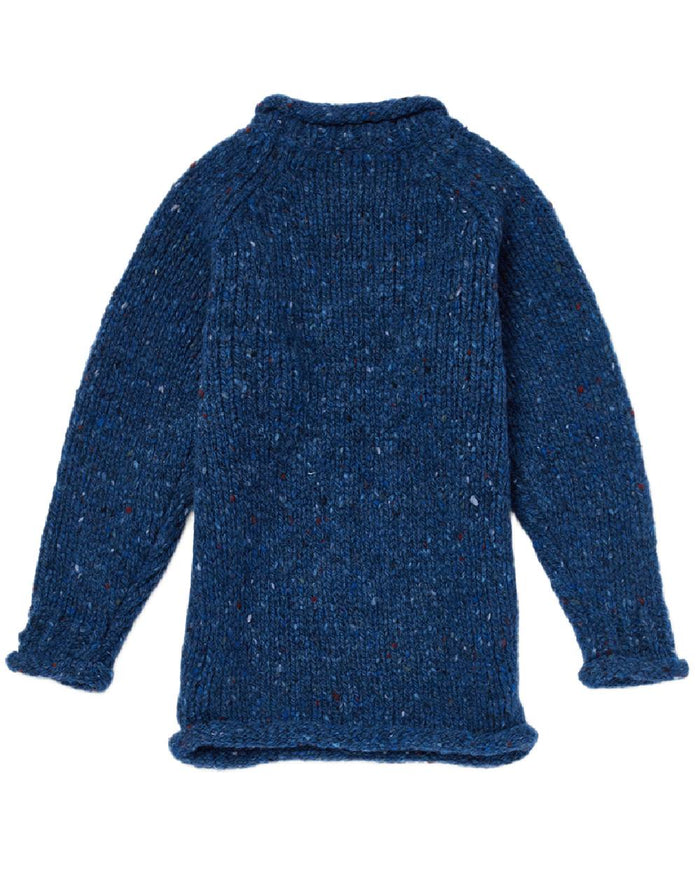 Navy Blue Coloured Aran Childrens Roll Neck Raglan Crew Sweater on white background #colour_navy-blue