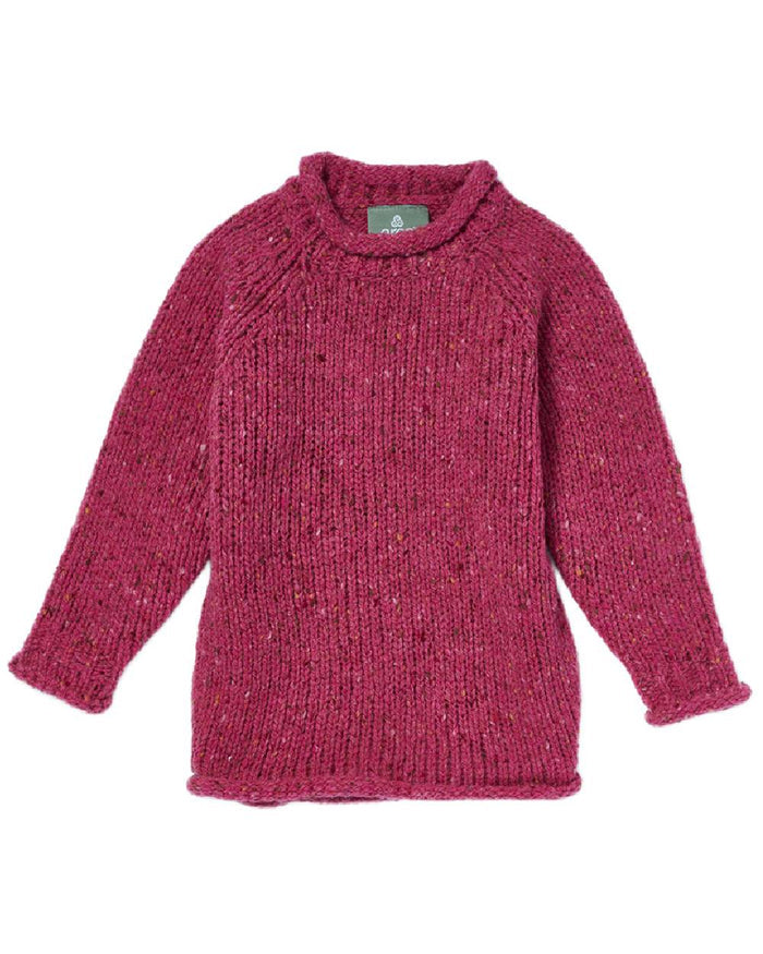 Pink Coloured Aran Childrens Roll Neck Raglan Crew Sweater on white background #colour_pink