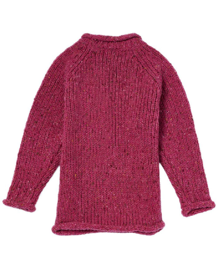 Pink Coloured Aran Childrens Roll Neck Raglan Crew Sweater on white background #colour_pink
