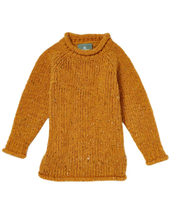 Yellow Coloured Aran Childrens Roll Neck Raglan Crew Sweater on white background #colour_yellow