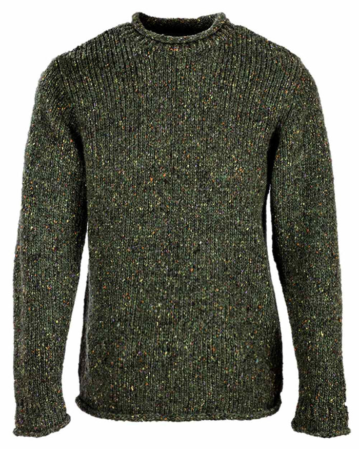 Green Coloured Aran Donegal Wool Crew Neck Sweater on white background #colour_green
