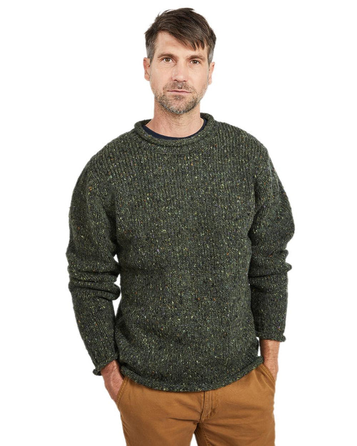 Green Coloured Aran Donegal Wool Crew Neck Sweater on white background #colour_green