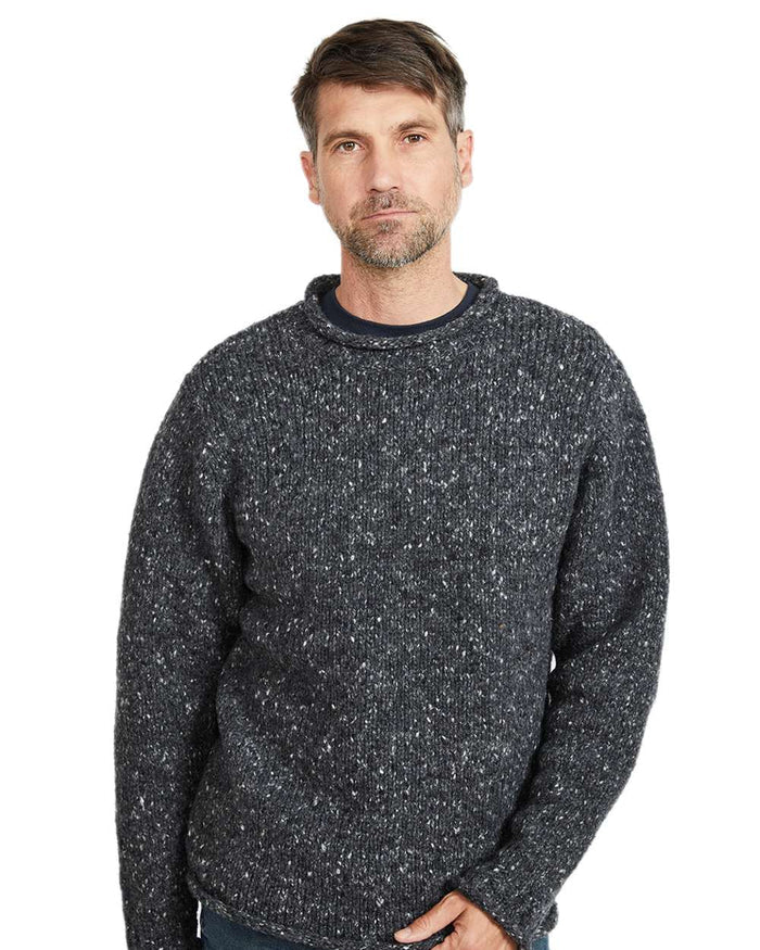 Charcoal Coloured Aran Donegal Wool Crew Neck Sweater on white background #colour_charcoal