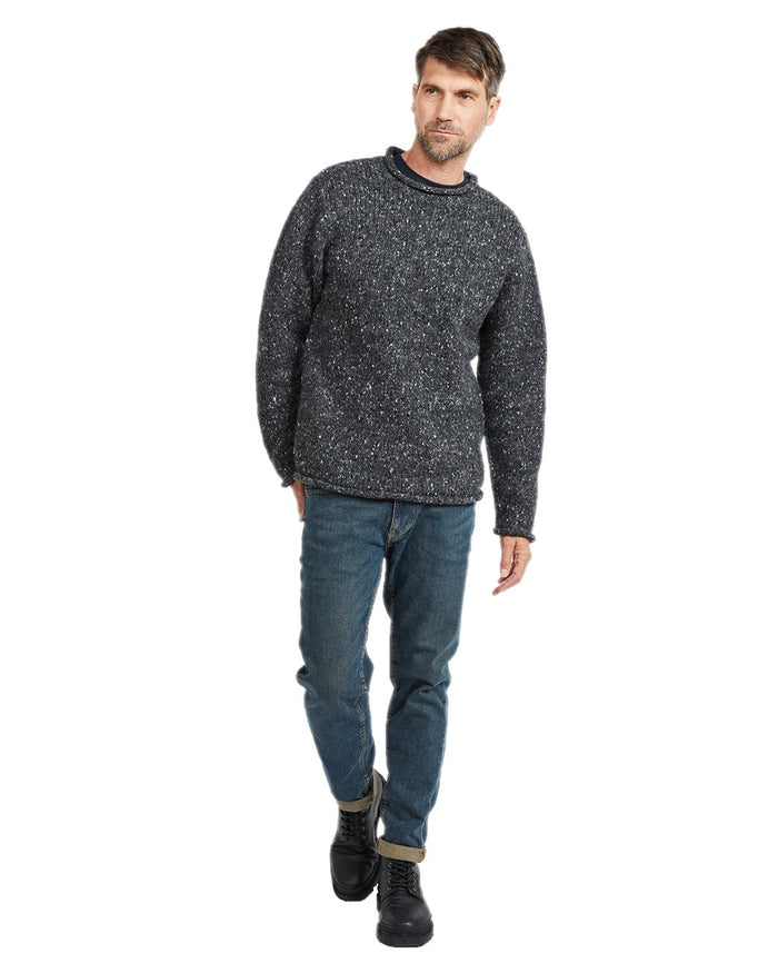 Charcoal Coloured Aran Donegal Wool Crew Neck Sweater on white background #colour_charcoal