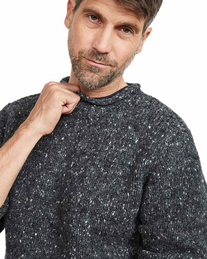 Charcoal Coloured Aran Donegal Wool Crew Neck Sweater on white background #colour_charcoal