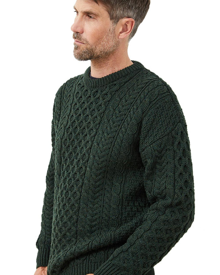 Deep Forest coloured Aran Mens Inishbofin Traditional Sweater on white background #colour_deep-forest