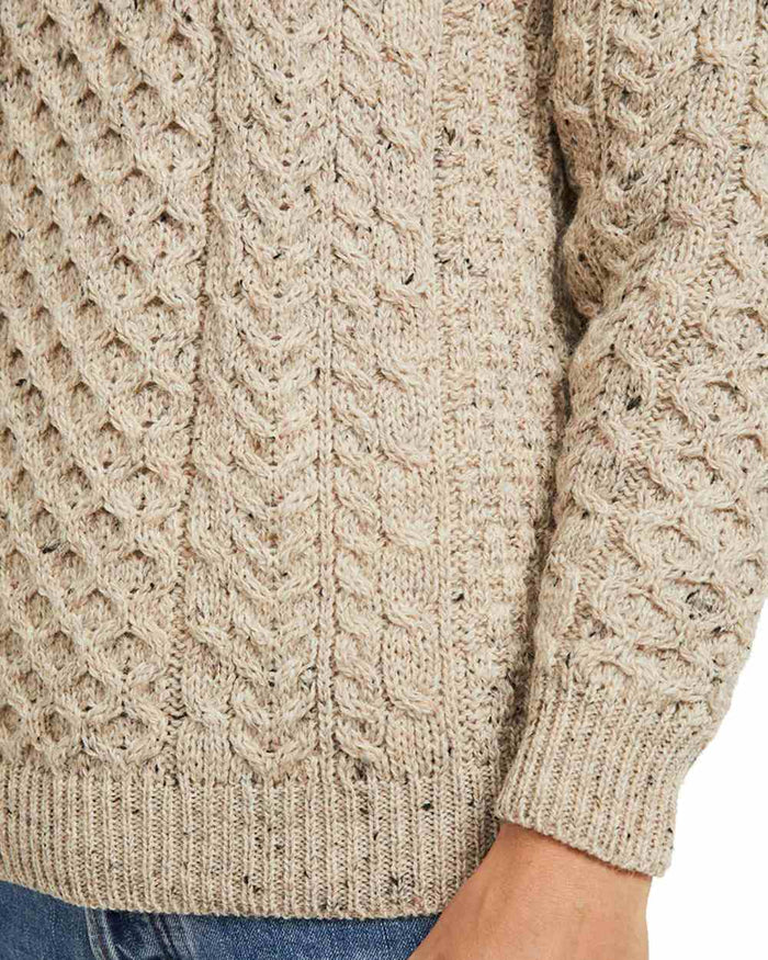 Flecked Oat coloured Aran Mens  Inishbofin Traditional Sweater on white background #colour_flecked-oat