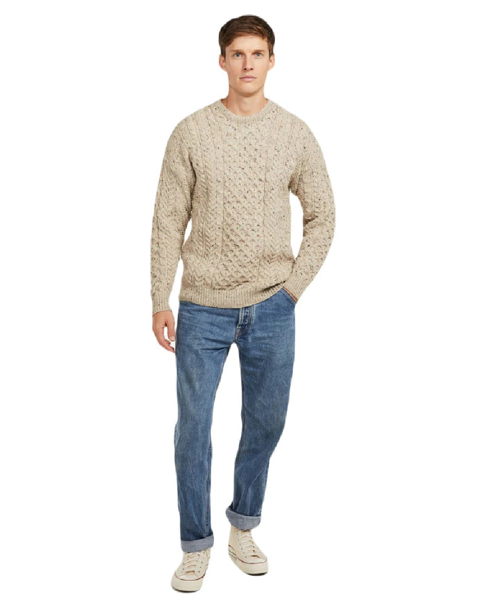 Flecked Oat coloured Aran Mens Inishbofin Traditional Sweater on white background #colour_flecked-oat