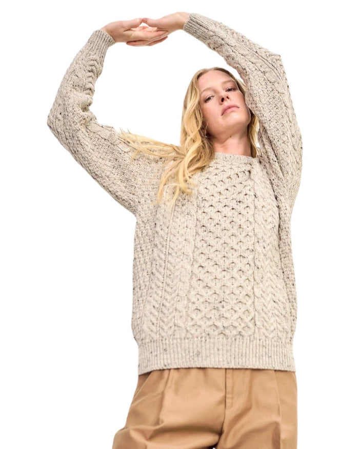 Flecked Oat coloured Aran Womens Inishbofin Traditional Sweater on white background #colour_flecked-oat