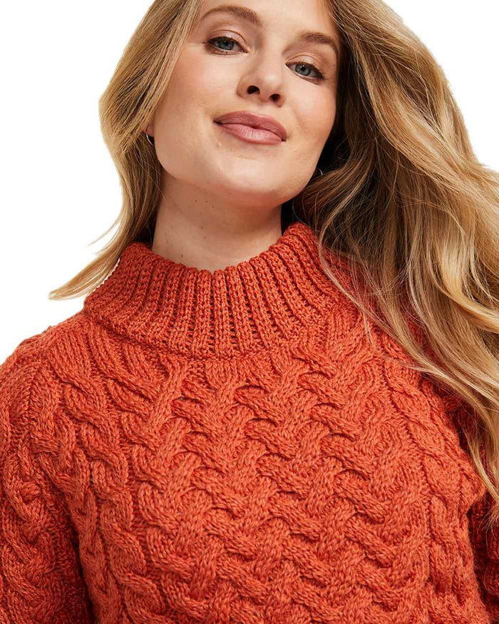 Autumn Leaf Coloured Aran Knightstown Womens Crew Neck Sweater on white background #colour_autumn-leaf