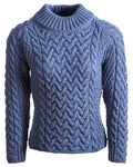 Denim Coloured Aran Knightstown Womens Crew Neck Sweater on white background #colour_denim