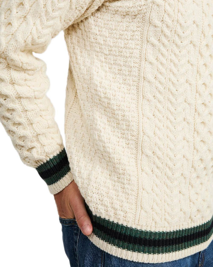 Cream Coloured Aran Mens Inishbeg Stripe Crewneck Merino Sweater on white background #colour_cream